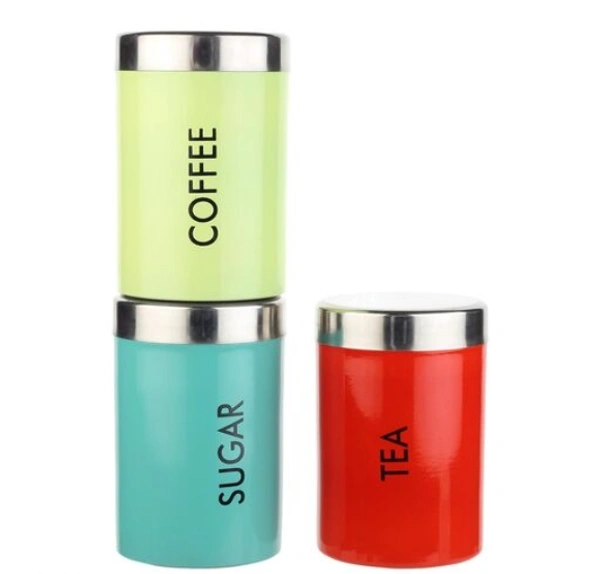 3 Pcs  Multicolor Airtight Stainless Steel Tea Coffee Sugar Canister Set 600ml  - 600ml,  Multicolor, Stainless Steel, Airtight, Set of 3